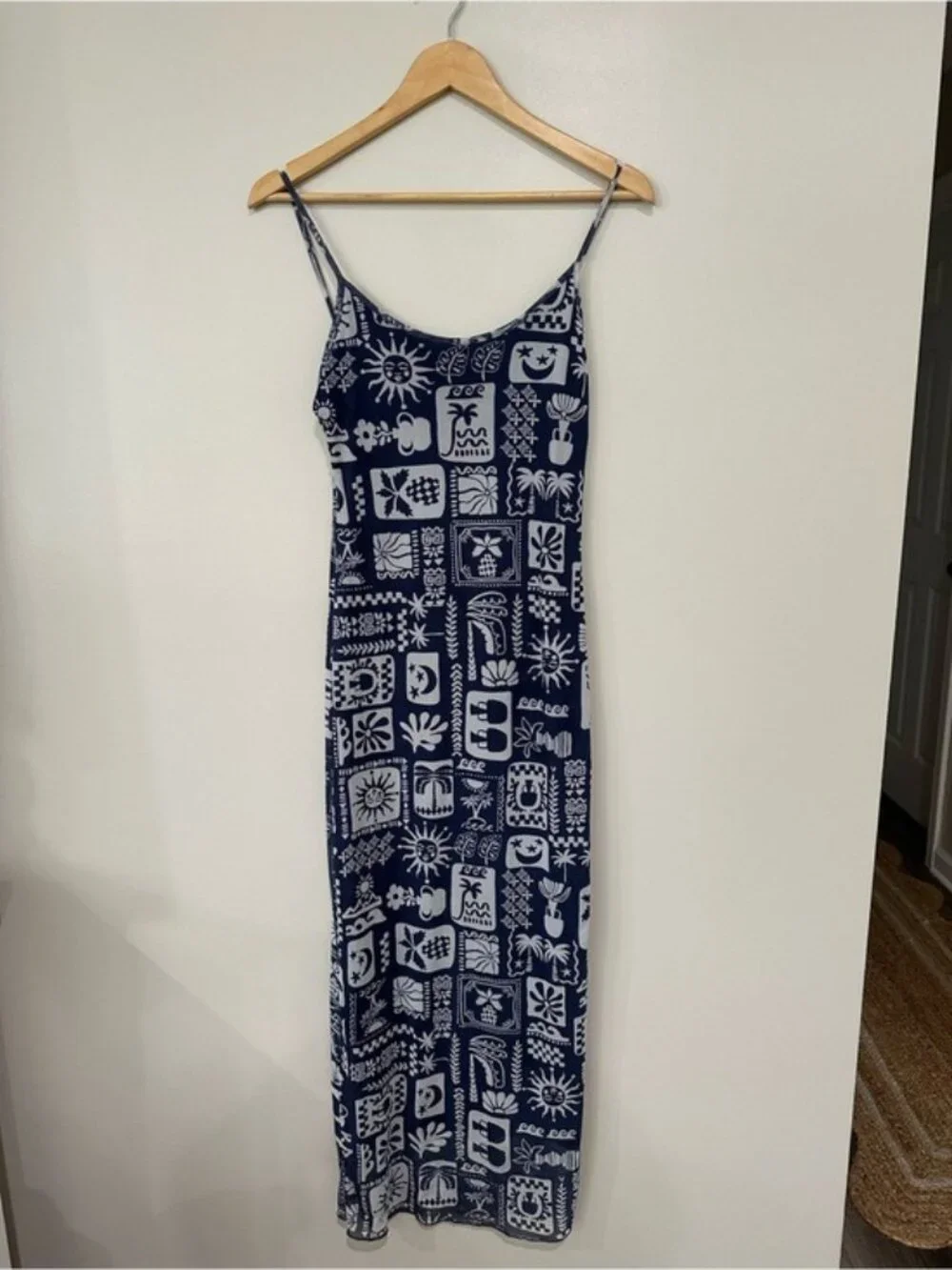 See You Monday Tropical Mesh Maxi Dress Blue White Resort Vacation Size L - Picture 2 of 10